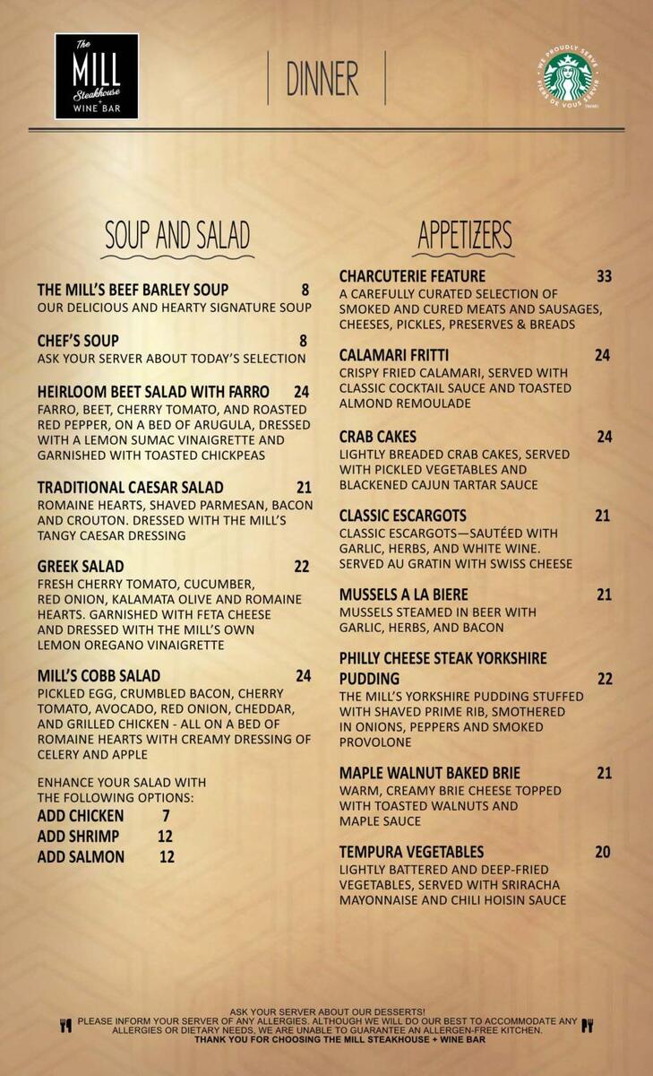 The Mill Steakhouse Menu Preview Image